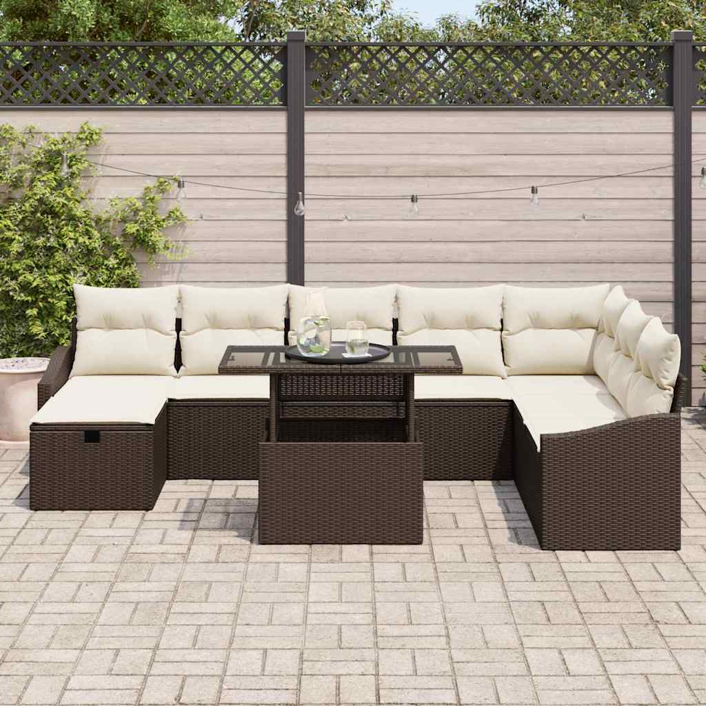 Garten-Sofa-Set mit Kissen mit Speicher 9 pcs Braun Poly Rattan